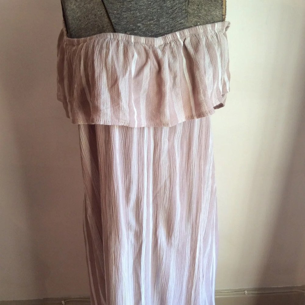 ICHI TAUPE STRIPE MARRAKECH OFF SHOULDER MIDI DRESS LARGE
